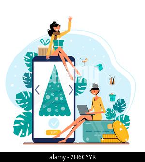 Weihnachten Online-Shopping - moderne flache Vektor-Illustration Konzept der Frauen einkaufen. Die Interaktion mit der Website ist der Kaufprozess. Stock Vektor