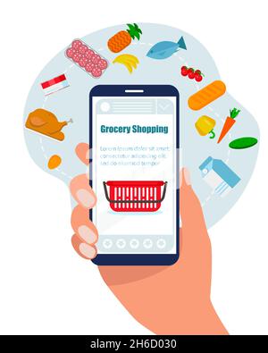 Online-Lebensmitteleinkäufe. Eine Hand hält ein Telefon mit einer Anwendung für die Bestellung von Produkten. Vektorgrafik in einem flachen Stil. Stock Vektor