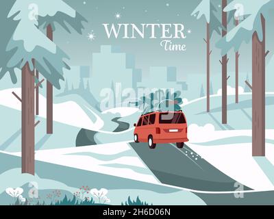 Rotes Auto mit weihnachtsbaum auf der Straße. Niedliche Winterlandschaft. Vektorgrafik. Stock Vektor