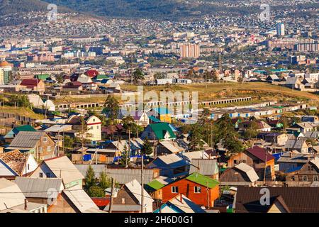 Ulan-Ude-Luftpanorama. Ulan Ude ist die Hauptstadt der Republik Burjatien, Russland Stockfoto