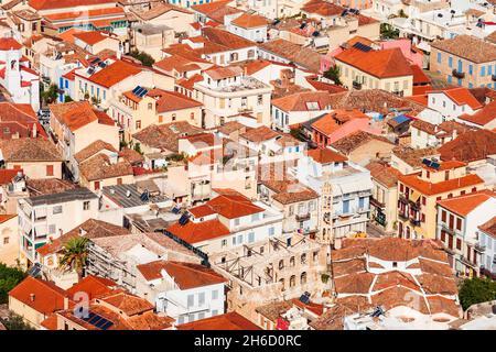 Nafplio Antenne Nahaufnahme von Festung Palamidi. Nafplio ist eine Hafenstadt in der Halbinsel Peloponnes in Griechenland. Stockfoto