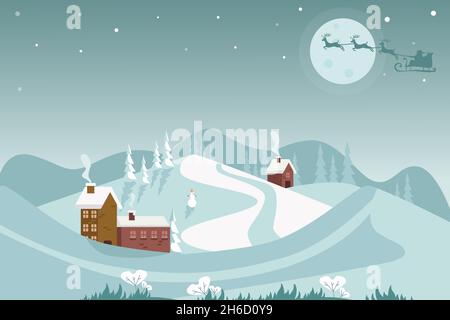 Winterlandschaft mit Tannen, Schneemann und Häusern. Der Weihnachtsmann und der Mond. Der Sternenhimmel im Winter. Vektorgrafik. Stock Vektor