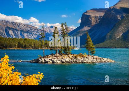 Kleine Insel mit Bäumen am Lake Minnewanka im Banff National Park, Kanada Stockfoto