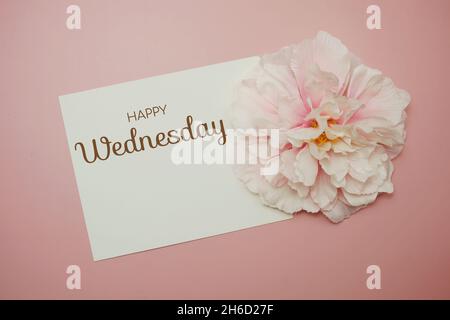 Happy Wednesday Typografie Text mit Blumendekor auf rosa Hintergrund Stockfoto