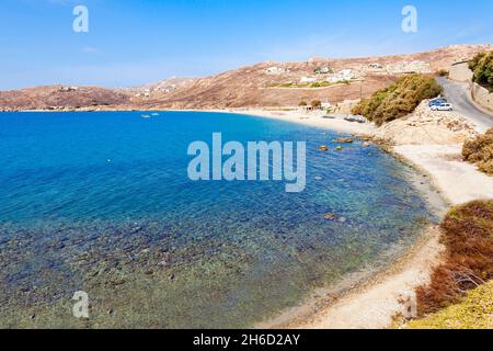 Elia Beach Antenne Panoramablick vom Aussichtspunkt auf der Insel Mykonos, Kykladen in Griechenland Stockfoto