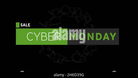 Bild des Cyber monday-Textes über einem sich drehenden Netzwerk von Verbindungen auf schwarzem Hintergrund Stockfoto