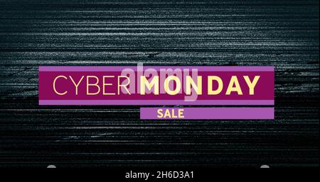 Bild von Cyber monday Verkaufstext auf violettem Banner über dunkelblauem, notleidenden Hintergrund Stockfoto