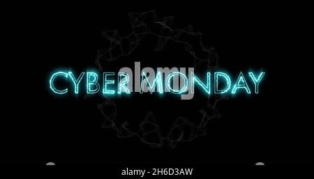 Bild des Cyber monday-Textes über einem sich drehenden Netzwerk von Verbindungen auf schwarzem Hintergrund Stockfoto