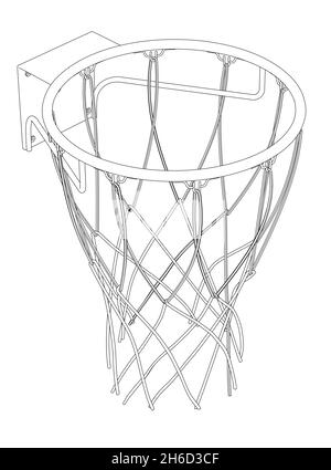 Basketball-Reifen Kontur aus schwarzen Linien isoliert auf weißem Hintergrund. Isometrische Ansicht. Vektorgrafik Stock Vektor