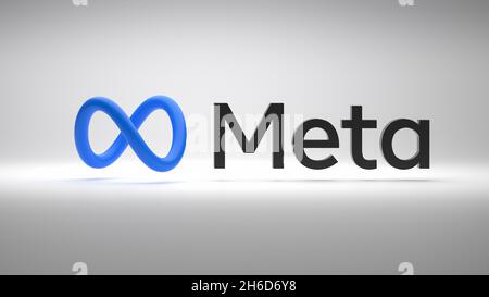 Logo der neuen Facebook-Firma Meta in 3D schwebt über einem nahtlosen Hintergrund. Stockfoto