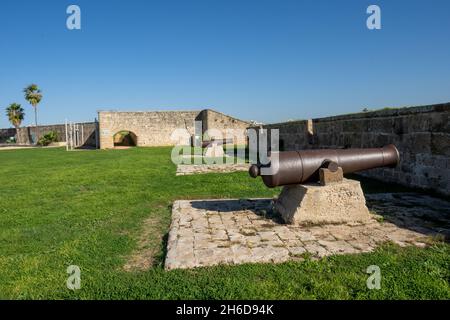 Alte, rostige Kanonen auf den befestigten Mauern der alten Stadt Akko Israel schützen den Hafen und die Stadt vor der Invasion der Marine. Jetzt eine historische Esplana Stockfoto