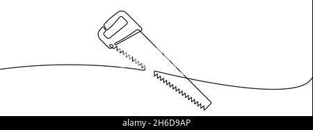 Die ununterbrochene Linienzeichnung der Säge für das Holz. Lineares Symbol der Handsäge. Hintergrund für einzeilige Zeichnung. Vektorgrafik. Symbol für durchgehende Linie der Handsäge Stock Vektor