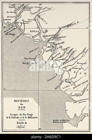 Teilkarte der südlichen Flüsse, der Flüsse Pongo, Dubreka und Mellacoree. Guinea-Bissau Afrika. Alte gravierte Illustration aus dem 19. Jahrhundert, Reise durch Senegambia und Portugiesisch-Guinea von Kapitän Henri Brossard-Faidherbe (1855-1893) aus Le Tour du Monde 1889 Stockfoto