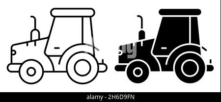 Lineares Symbol. Landwirtschaftlicher Traktor. Transport und Ausrüstung für den Transport landwirtschaftlicher Erzeugnisse auf dem Feld. Einfacher Schwarz-Weiß-Vektor isoliert auf Stock Vektor