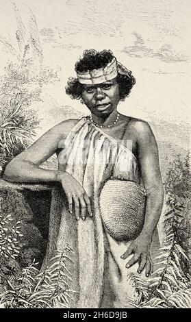 Aborigine-Mädchen aus Maryborough, Central Queensland, Australien. Alte gravierte Illustration aus dem 19. Jahrhundert, Reise nach Nordostaustralien von Carl Lumholtz 1880-1884 aus Le Tour du Monde 1889 Stockfoto