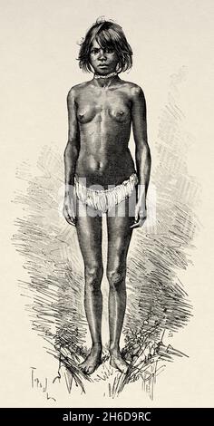 Junge australische Ureinwohner aus dem Kelani River. Queensland, Australien. Alte gravierte Illustration aus dem 19. Jahrhundert, Reise nach Nordostaustralien von Carl Lumholtz 1880-1884 aus Le Tour du Monde 1889 Stockfoto