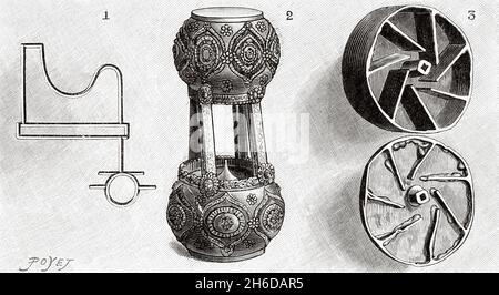 Stunde durch die Clepsydra. 1 ägyptische Clepsydra. 2 Clepsydra im Sandstein im Museum von cluny. 3 Abschnitt einer Messingklepsydra aus dem 17. Jahrhundert. Alte, gravierte Illustration aus dem 19. Jahrhundert von La Nature 1897 Stockfoto