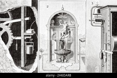 1 Clepsydra von Salomon de Caus. 2 Clepsydre von Jacques Besson. 3 Clepsydra mit Wecker. Alte, gravierte Illustration aus dem 19. Jahrhundert von La Nature 1897 Stockfoto