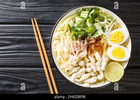 Soto Ayam ist eine Hühnernudelsuppe, die in Malaysia und Indonesien sehr beliebt ist. Horizontale Draufsicht von oben Stockfoto