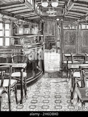 Antiker Zug Restaurant Wagen zeigt das Layout der Bar und zentralen Korridor. Alte, gravierte Illustration aus dem 19. Jahrhundert von La Nature 1897 Stockfoto