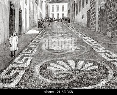 Blumenteppiche. Dekoration einer Straße La Orotava Teneriffa. Kanarische Inseln, Spanien. Europa. Alte, gravierte Illustration aus dem 19. Jahrhundert von La Nature 1897 Stockfoto