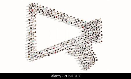 Konzept konzeptuelle große Gemeinschaft von Menschen, die die Megaphon-Ikone bilden. 3d-Illustration Metapher für Kommunikation, Audio-Ansage, Broadcast Stockfoto