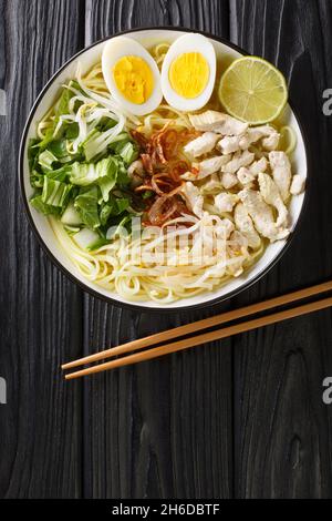 Soto ayam ist ein traditionelles indonesisches Gericht, das Zutaten wie Huhn, Ei, Nudeln, gebratene Zwiebeln und Gewürze aus der Nähe auf dem Teller auf dem t verwendet Stockfoto