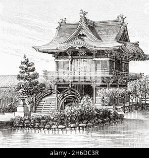 Traditionelle japanische Brücken. Kleine Brücke und Schrein in Kameido, in der Nähe von Tokio. Japan, Asien. Alte, gravierte Illustration aus dem 19. Jahrhundert von La Nature 1897 Stockfoto