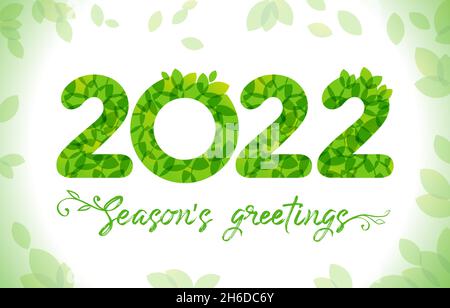 2022 saisonal grüne Zahlen mit Blatt. Happy Holiday Gratzen-Schild. Rahmen aus grünen Blättern, kalligraphischer Bürstext und Pflanzenelemente. 2, 20 % Prozent Stock Vektor