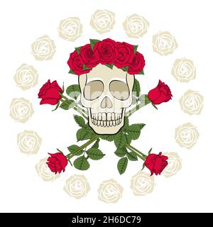 Totenkopf in einem Kranz, geschmückt mit roten Rosen. Isolierte farbige Vektorobjekte auf weißem Hintergrund. Stock Vektor