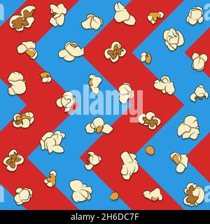 Nahtloses Muster mit Popcorn auf blauem und rotem Hintergrund. Hintergrund für Farbvektoren. Stock Vektor