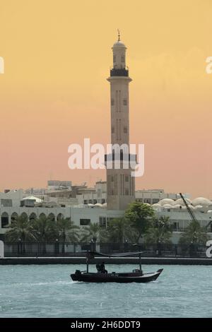 Minarett der Großen Moschee, Grand Bur Dubai Masjid, Vereinigte Arabische Emirate, Dubai Stockfoto