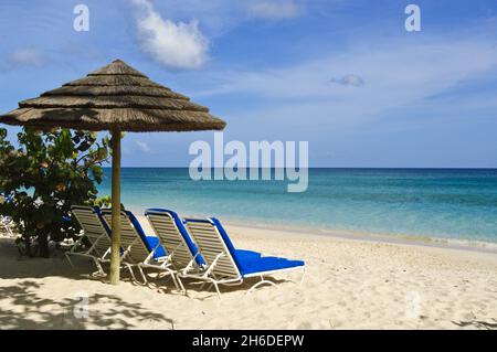 Grand Anse Beach mit Sonnenschirm und Liegestühlen, Grenada, Windward Island Stockfoto