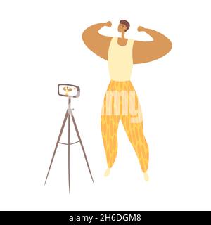 Muskulöser Kerl posiert vor der Kamera. Fitness-Blogger zeichnet Video auf. Sport-Influencer macht ein Foto. Vektor flache Cartoon-Illustration Stock Vektor