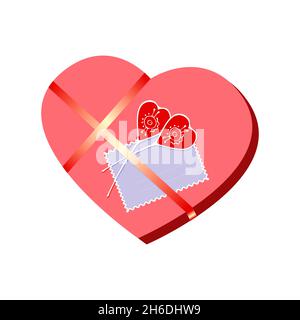 Geschenk Valentinstag, Hochzeit, herzförmige Box, Band, Liebe, Leidenschaft, Herzkritzeln. Isoliert. Weißer Hintergrund. Stockfoto