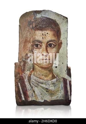 Porträt der römisch-ägyptischen Mumie, 100 - 199 n. Chr., Antinopolis. Louvre Museum E 12570. Mama Porträt eines jungen Mannes, kurze Haare und Tunika. Das Portr Stockfoto