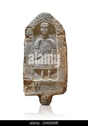 Römischer Phyrigischer Stil Türstein Grabstele von Trophimos, 250-300 n. Chr., Kütahya Türkei. Louvre Museum Ma 4529. Darstellung eines jungen Mannes (Tunika, Schott, ho Stockfoto