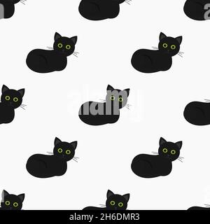 Schwarze Katzen Nahtloses Muster. Niedliche Katzen mit grünen Augen. Vektorgrafik. Stock Vektor