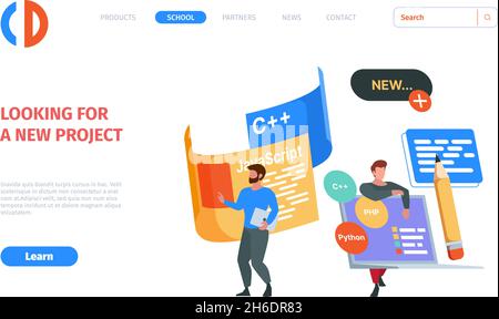 Zielseite für Programmierer. Business Web-Seite Vorlage mit Designern und Codern Laptop-Arbeitscode und Skript schreiben grellen Vektor-Bild mit Platz Stock Vektor