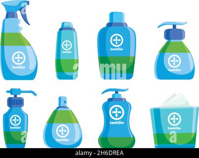Desinfektionsflaschen. Hygienische Produkte Flaschen desinfizieren Produkte Hände wischen Verpackung klar Spray grellen Vektor-Bilder Sammlungen von Desinfektionsmittel Stock Vektor