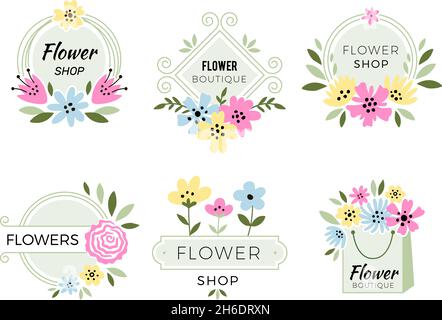 Logo des Blumenshopfes. Botanische Vintage Dekoration Bouquet mit Rose Knospen und Blätter Designs für Hochzeit Einladungskarten jüngsten Vektor stilisierte Symbole Stock Vektor