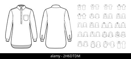 Set von Hemd henley Kragen technische Mode Illustration mit langen kurzen Ellbogenärmeln, klassischen Kragen, übergroße taillierte Körper. Bekleidungstop außen Schablone vorne, hinten, weiß. CAD-Modell für Frauen Stock Vektor