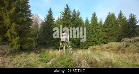 Panoramablick auf einen Wald mit Holzhirschen und Wildschweinjagdturm. Stockfoto