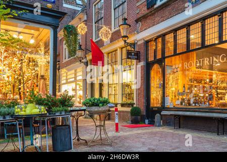 Alkmaar, Niederlande - 10. November 2021: Die alte holländische Einkaufsstraße Fnidsen mit weihnachtsdekoration im Stadtzentrum von Alkmaar Stockfoto
