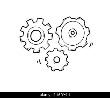 Handgezogener Zahnradsatz. Doodle Sketch Stil Getriebe-Mechanismus. Konzept der Geschäftsidee, Teamarbeit, Fortschritt Hintergrund. Doodle-Zahnradvektor-Illustration. Stock Vektor