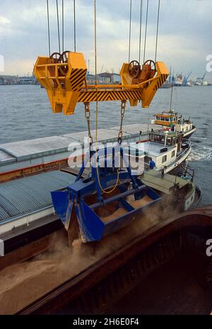 Füttern Sie Getreide, das im Hamburger Hafen mit einem Greifkran Schiff zu Schiff verladen wird. Stockfoto