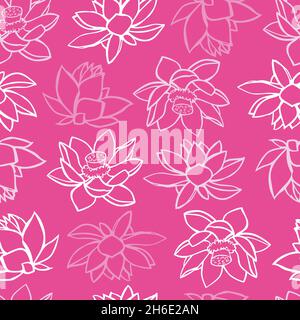 Vektor rosa monochrome Lotus tropische Blumen Seerose umreißt einfache Wiederholung Muster. Geeignet für Textilien, Geschenkpapier und Tapeten. Stock Vektor