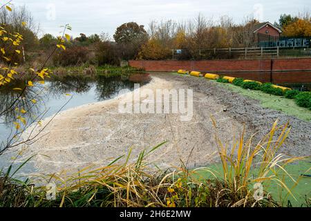 Taplow, Buckinghamshire, Großbritannien. November 2021. Verschmutzung an einem Wehr am Jubilee River in Taplow. Umweltschützer sind besorgt darüber, dass nicht genug getan wird, um zu verhindern, dass Wasserunternehmen Umweltverschmutzung in die Flüsse und Meere rund um das Vereinigte Königreich abführen. Der Jubilee River ist ein Flutmilderungsprogramm für Windsor und Maidenhead, das überschüssiges Wasser aus der Themse in Zeiten von Überschwemmungen mit dem Ziel nimmt, Sachüberflutungen im Royal Borough of Windsor und Maidenhead zu verhindern. Quelle: Maureen McLean/Alamy Live News Stockfoto