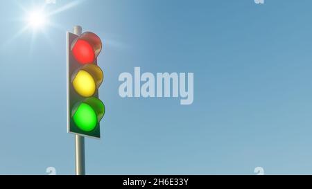 3D Darstellung einer Ampel vor dem Hintergrund des blauen Himmels. Stockfoto