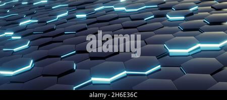 3D Rendering von dunkelgrauen Sechskant-Kacheln mit hellblau leuchtenden. Stockfoto